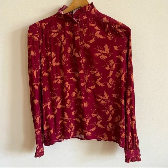 SEE U SOON Burgundy Ruffle Collar High Neck Floral Print Top - Picture 1 of 11